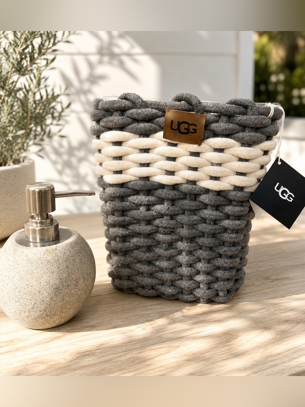 UGG® Sadie Wastebasket in Charcoal/Snow (NWT) & Stone Soap Dispenser